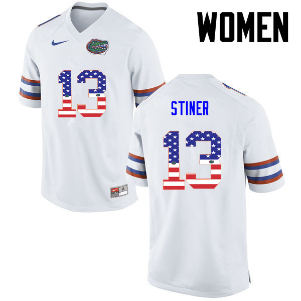 Women Florida Gators #13 Donovan Stiner College Football USA Flag Fashion Jerseys-White - Click Image to Close